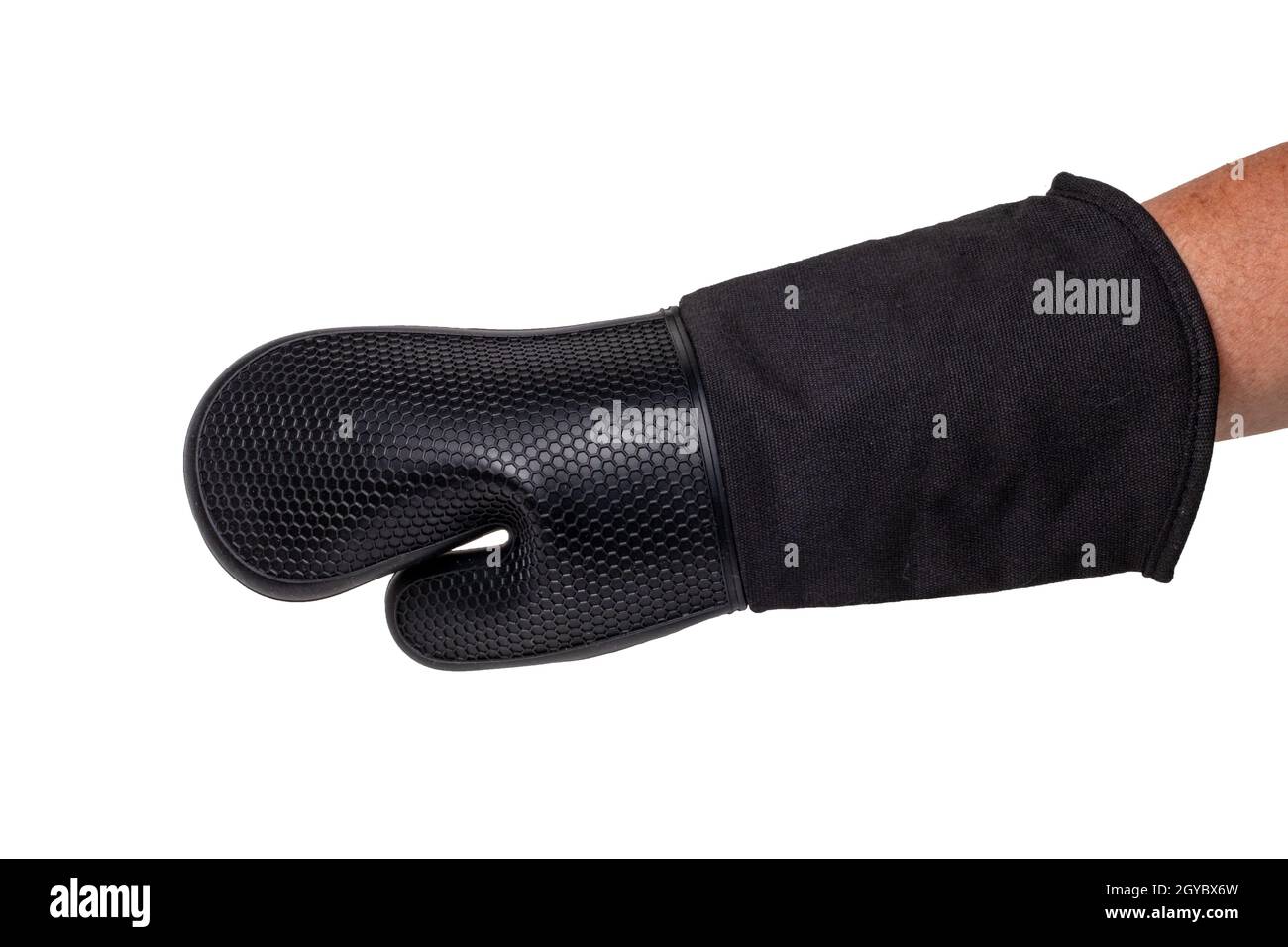 A male hand in a black heatresistant grill glove isolated on a white