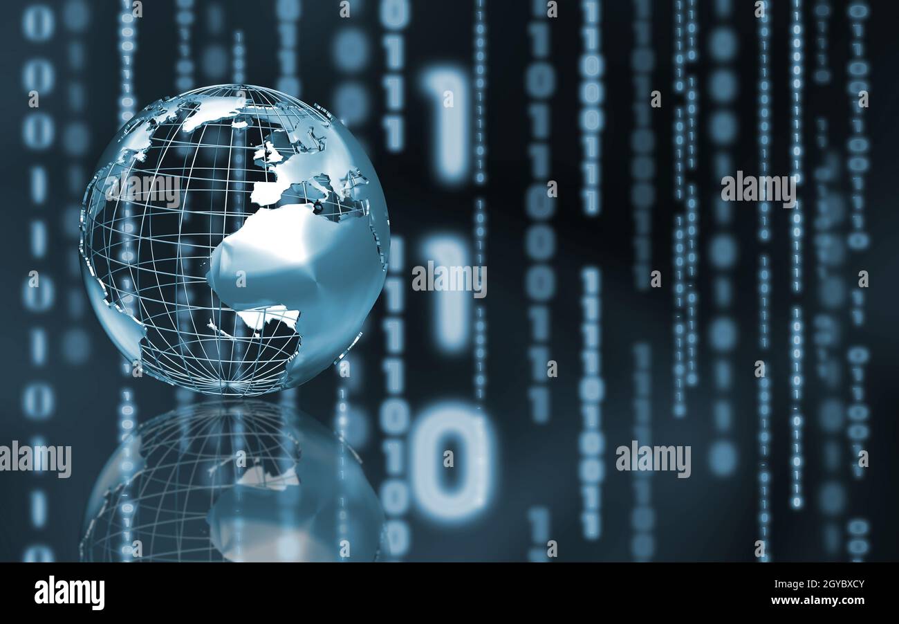 Wireframe globe on abstract binary code background Stock Photo - Alamy