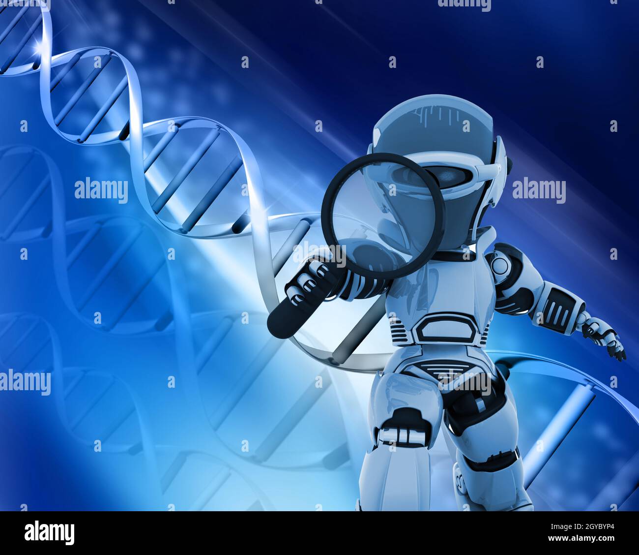 3D render of a robot holding a magnifying glass on a DNA background Stock Photo