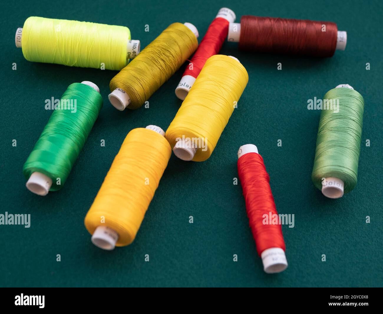 Spools of multicolored thread for sewing and embroidery on the green ...