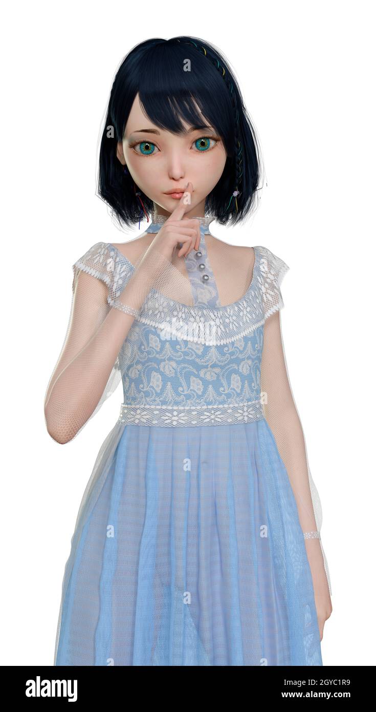 Doll Renders 3D rendering of a pretty doll in a blue vintage dress isolated on white ...