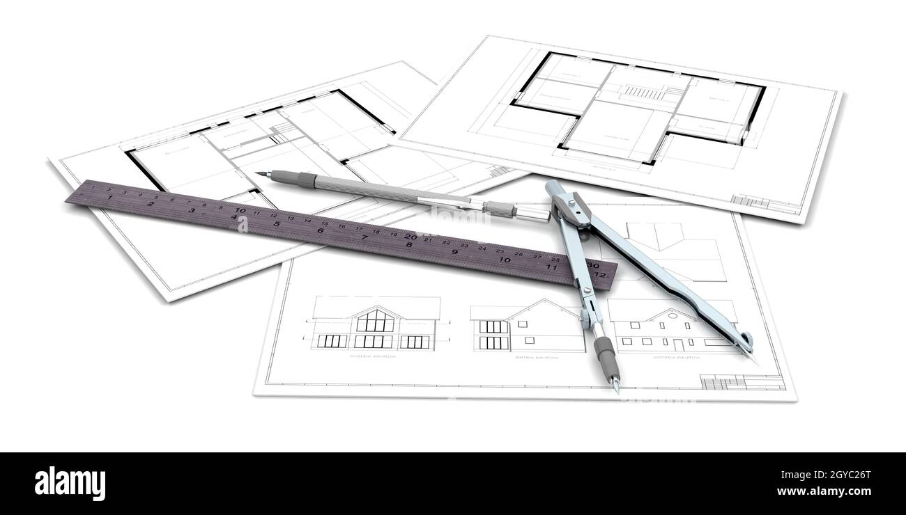 Architectural drawings with pen and ruler Stock Photo - Alamy
