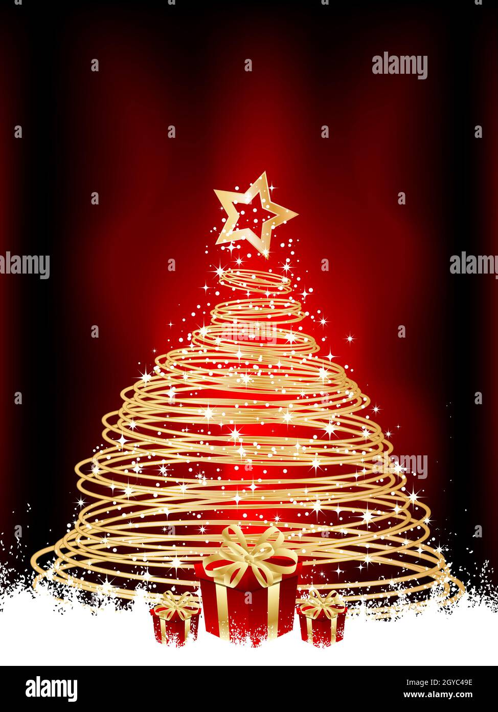 Metallic gold Christmas tree and gifts on a snowy background Stock
