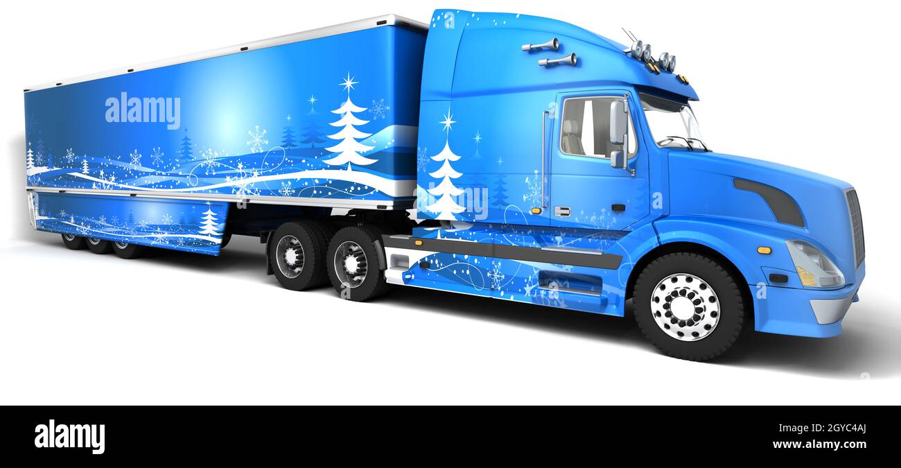 3D render of Christmas American semi trucks Stock Photo