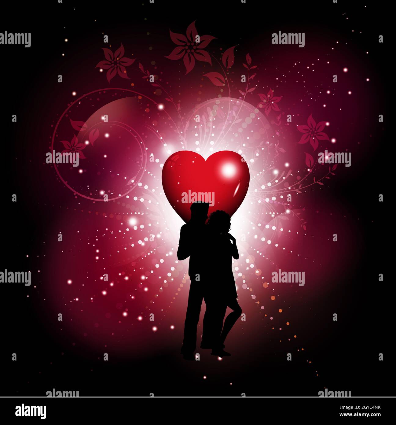 Silhouette of a loving couple on a Valentines Day background Stock ...