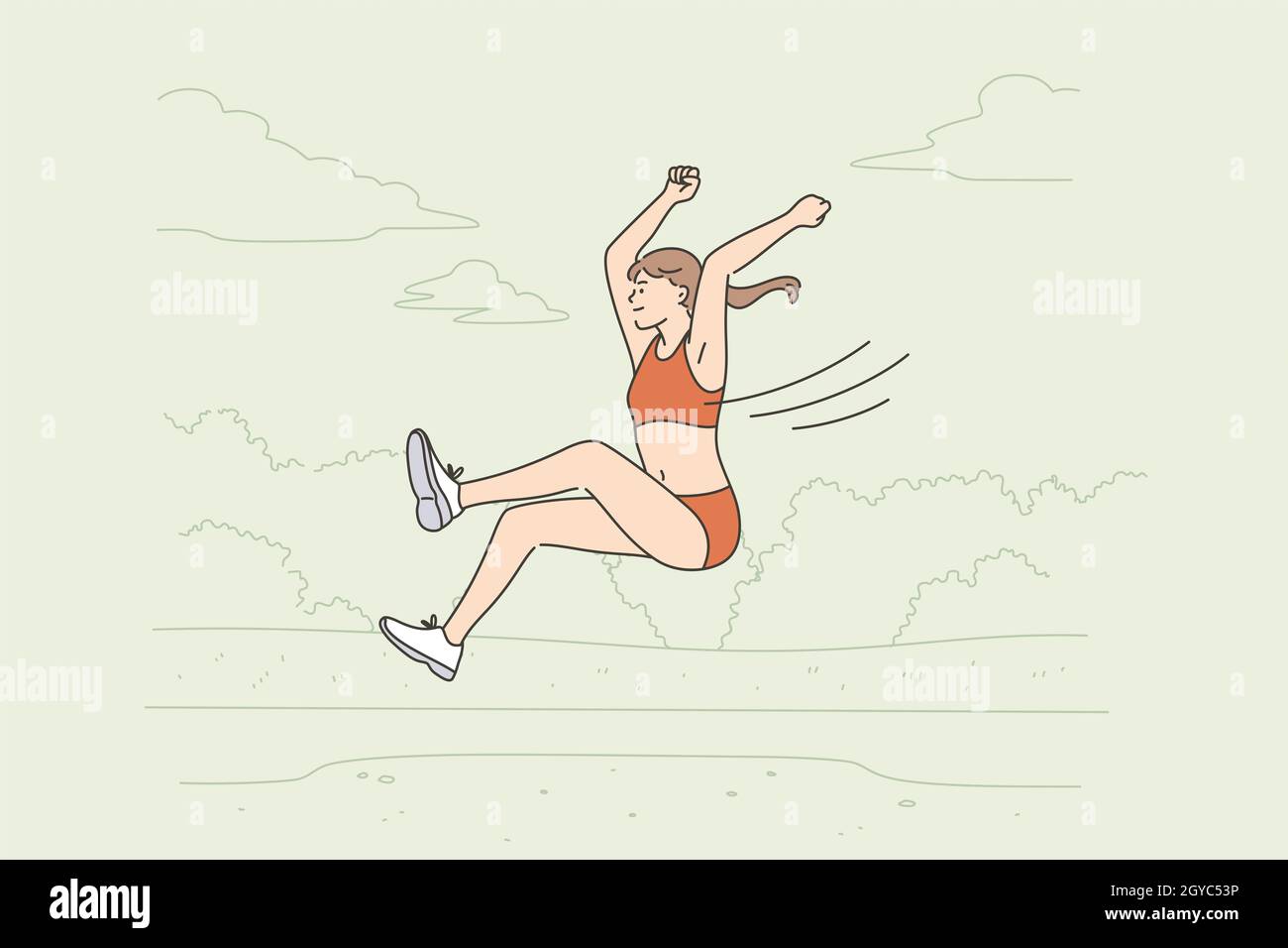 Professional long jump athlete concept. Positive young woman long jump