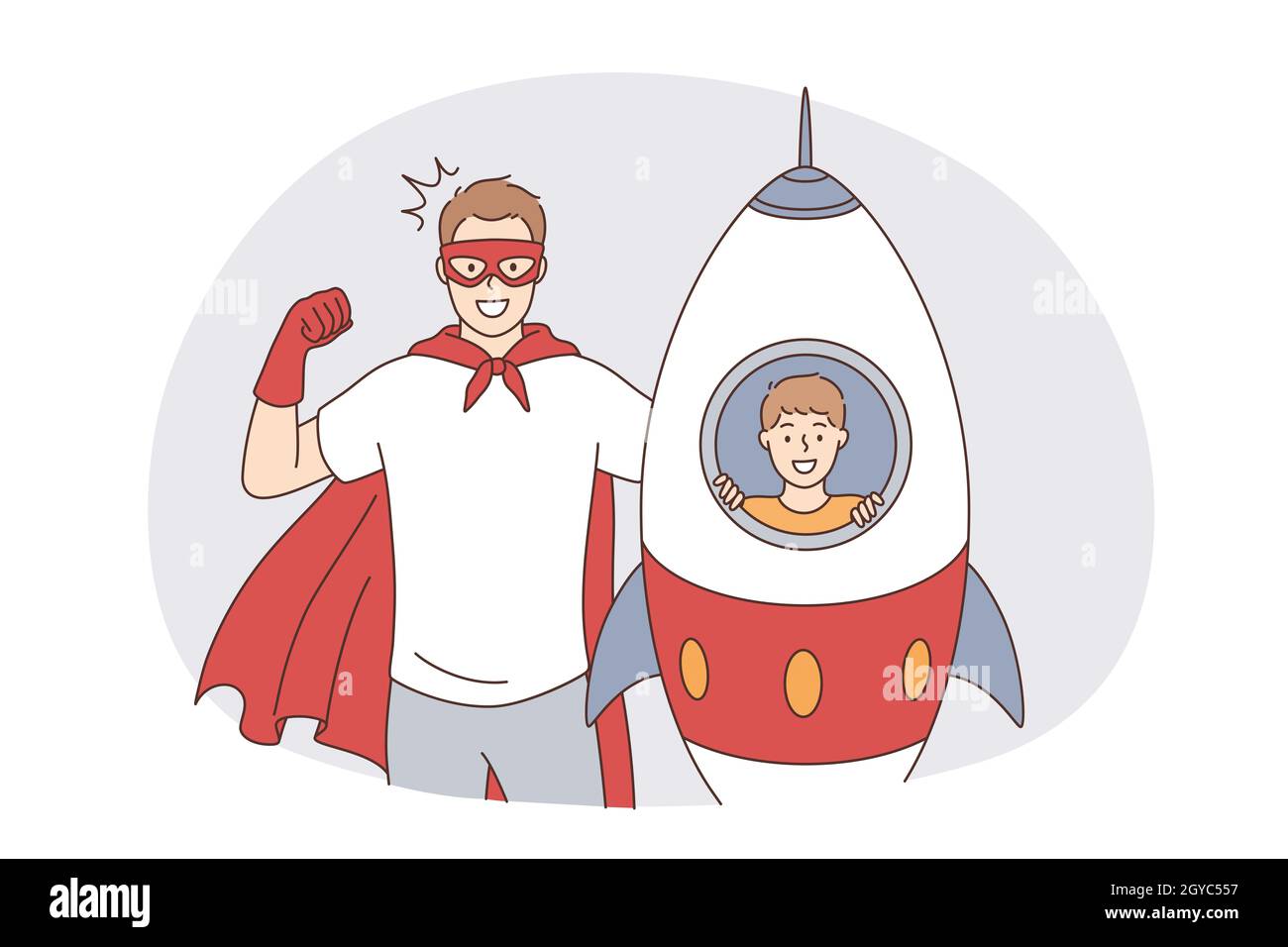 Happy fatherhood and childhood concept. Happy smiling father man in superhero costume and his son in toy rocket playing looking at camera feeling exci Stock Photo