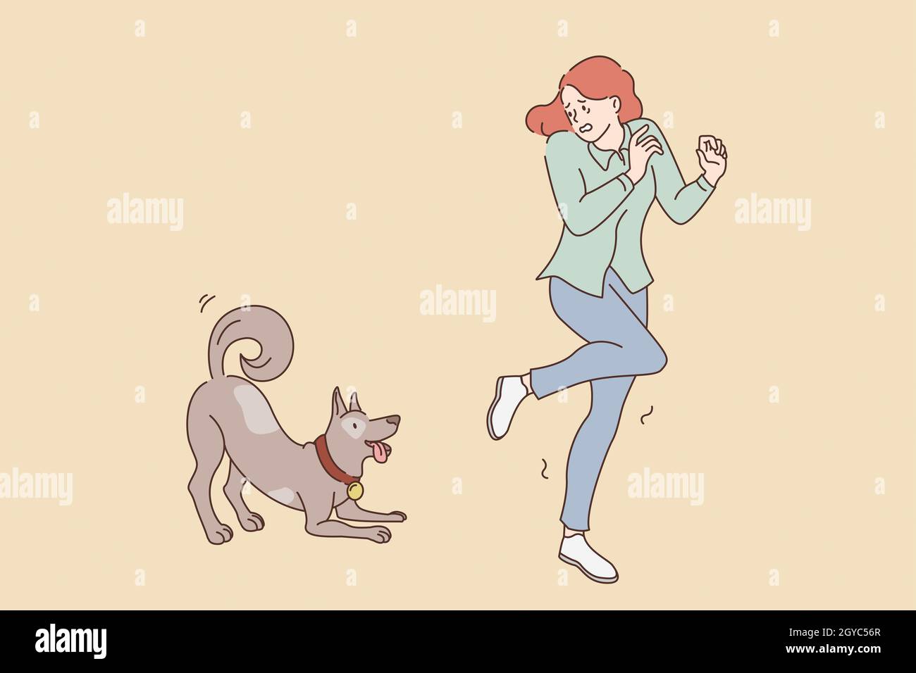 Fear of dogs animals concept. Young stressed girl feeling afraid running away from friendly playing dog outdoors vector illustration Stock Photo