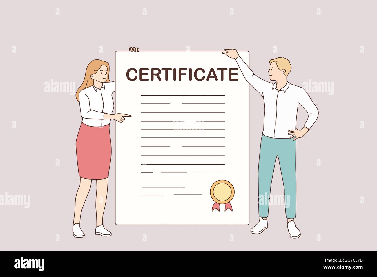Business certificate and development concept. Young smiling partners woman and man cartoon characters standing holding huge certificate with official Stock Photo
