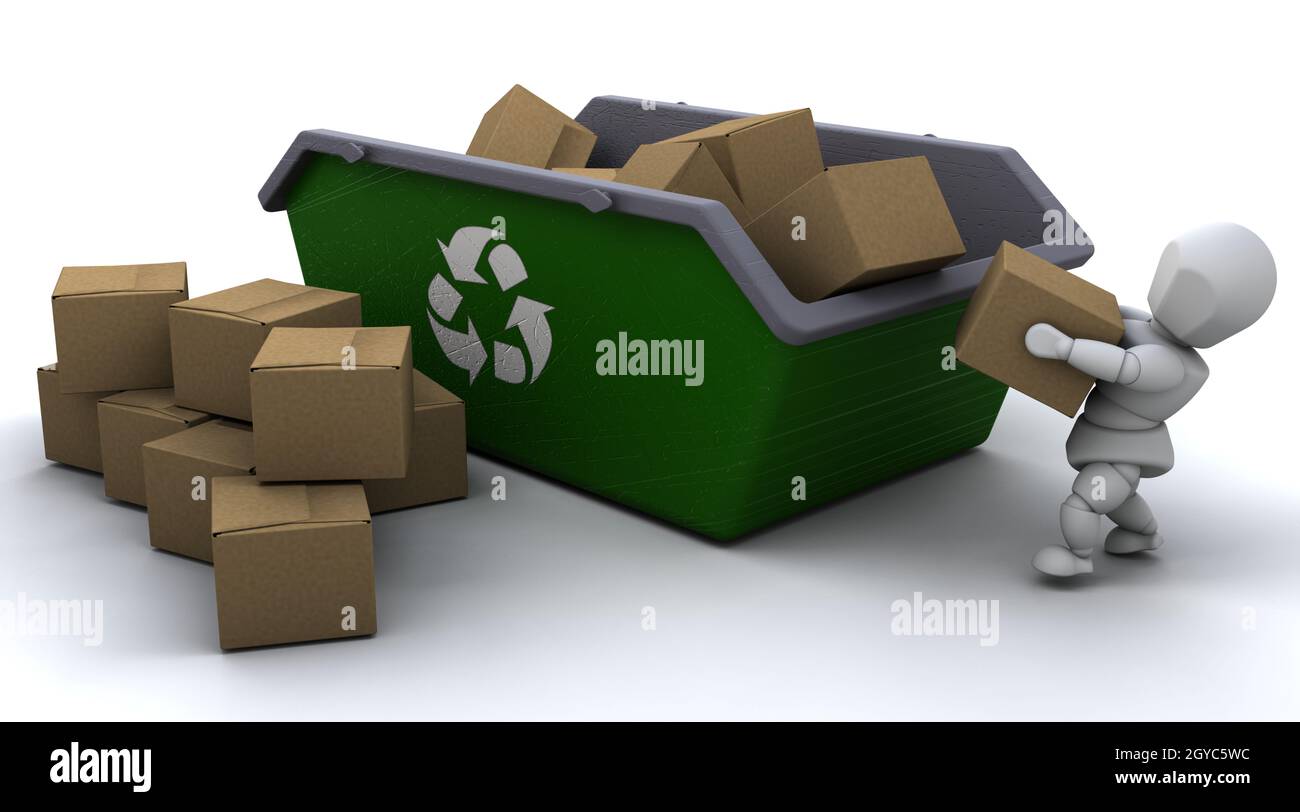 3D render of man recycling card boxes in skip Stock Photo - Alamy