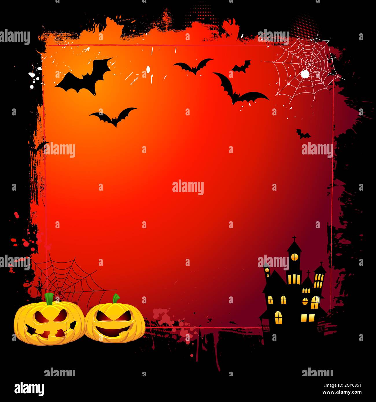 Grunge Halloween background with spooky pumpkins and haunted house ...