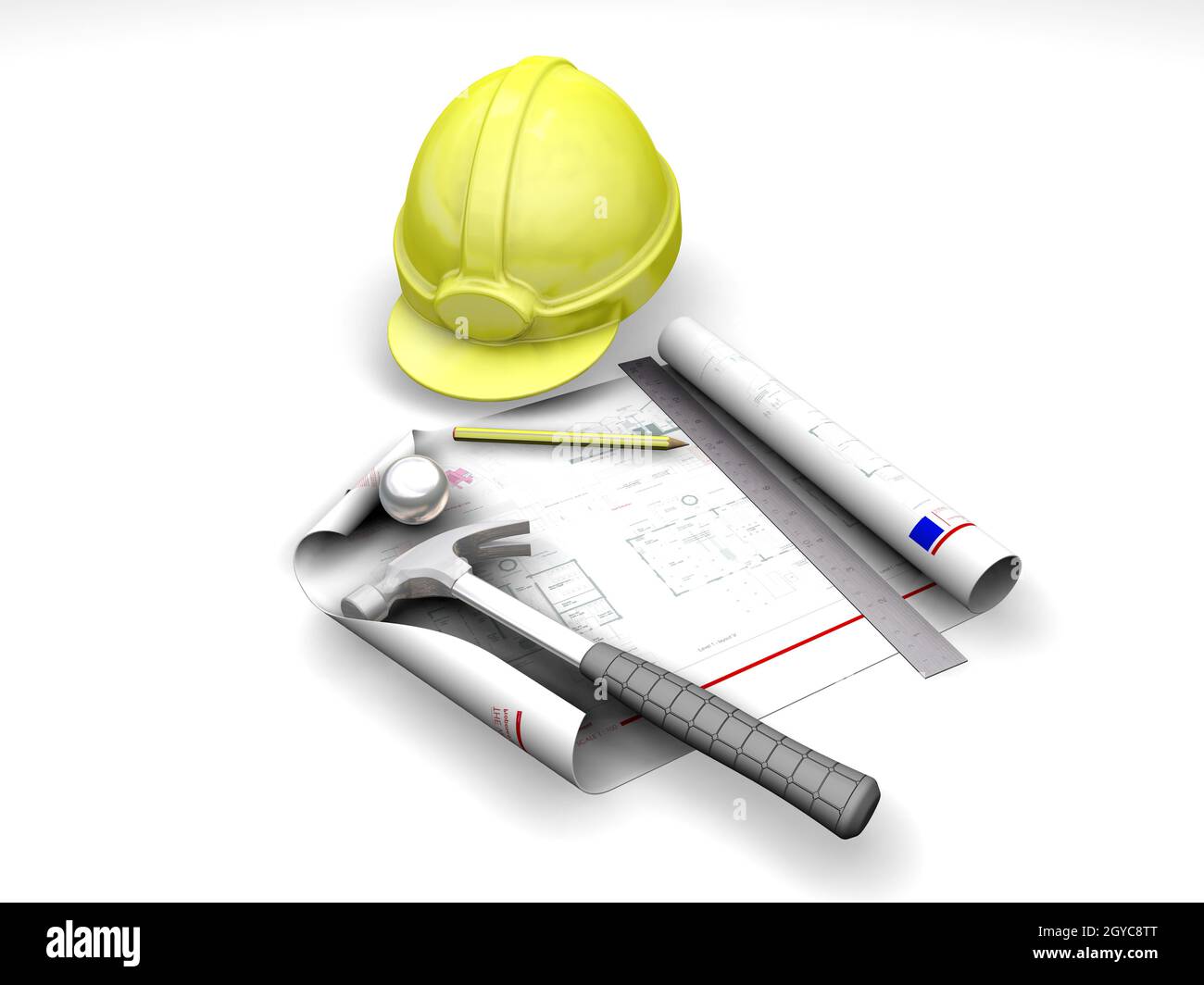 3D render of tools and hard hat on blueprints Stock Photo - Alamy