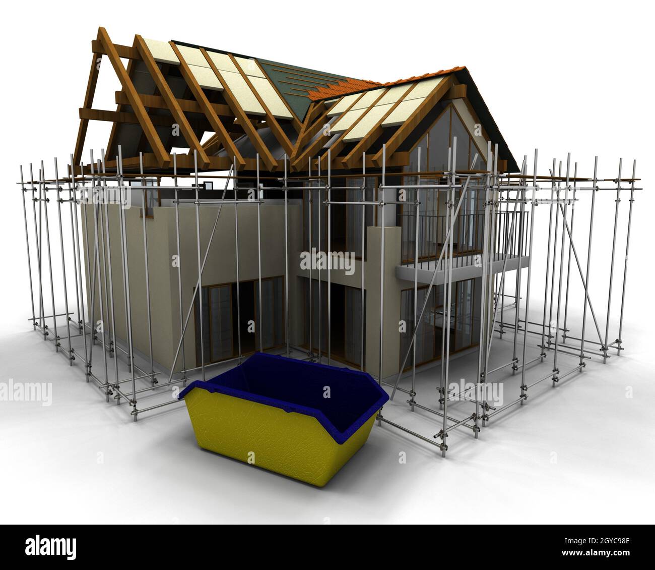 Building Under Construction Rendering 3D render of contemporary house under construction with scaffold Stock ...