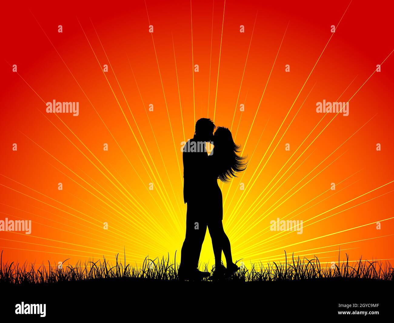Silhouette of a couple kissing against a sunset sky Stock Photo - Alamy