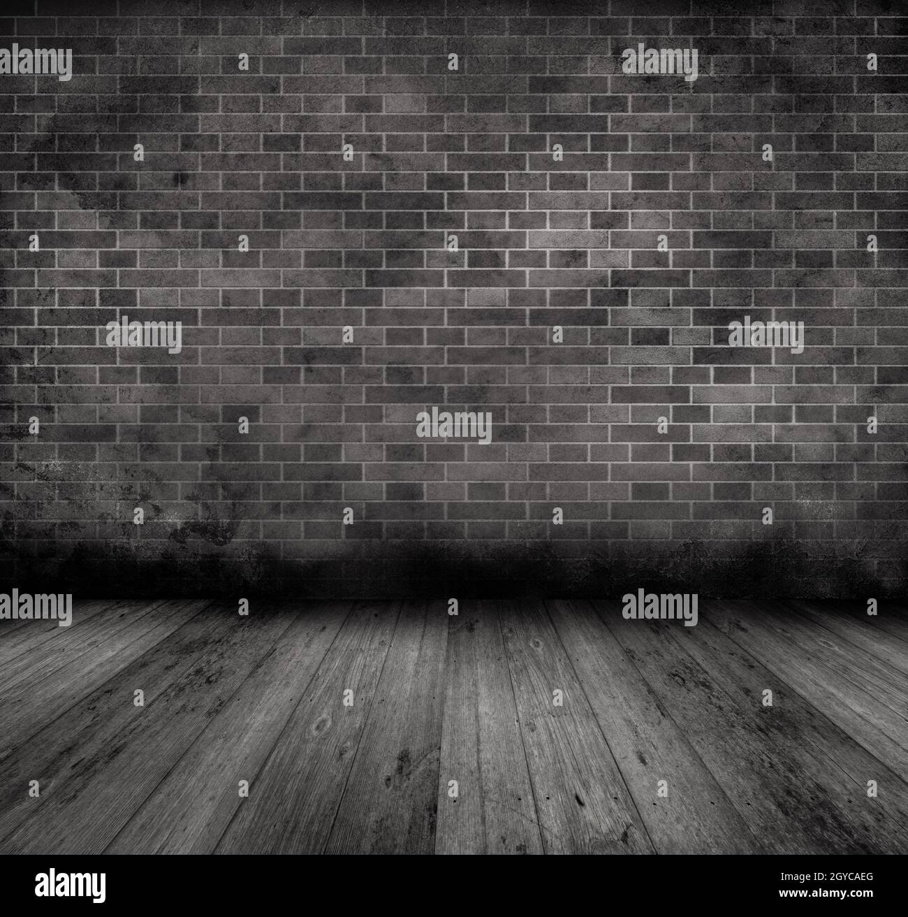Grunge style image of an old interior with brick wall and wooden floor ...