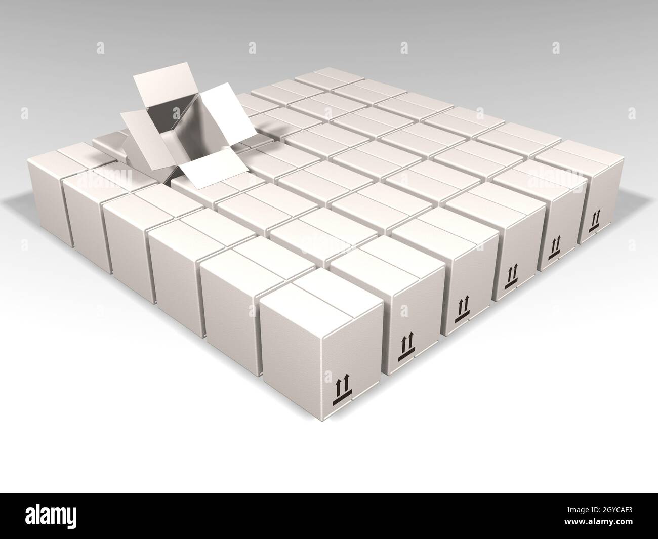 3D render of lots of white boxes with one open Stock Photo - Alamy