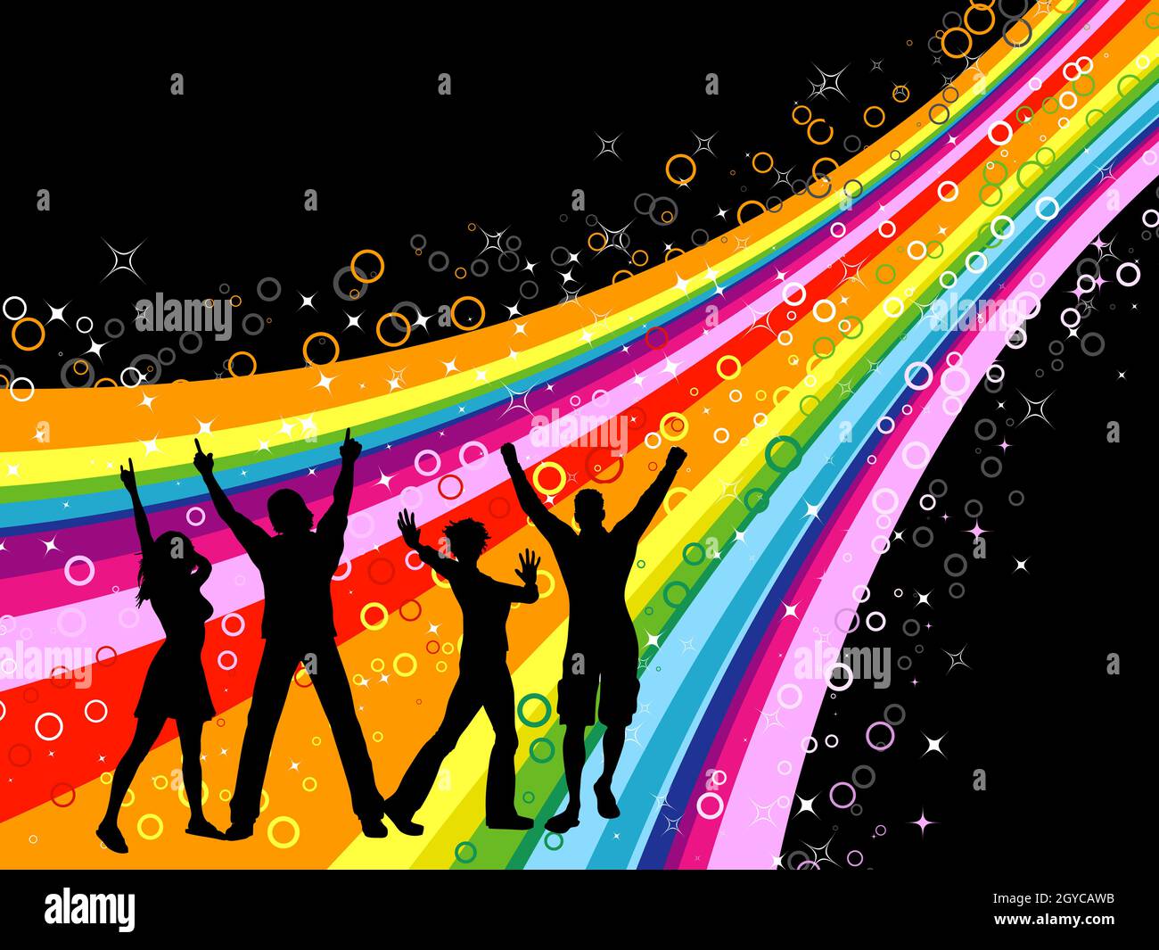 Silhouettes of people dancing on rainbow burst background Stock Photo