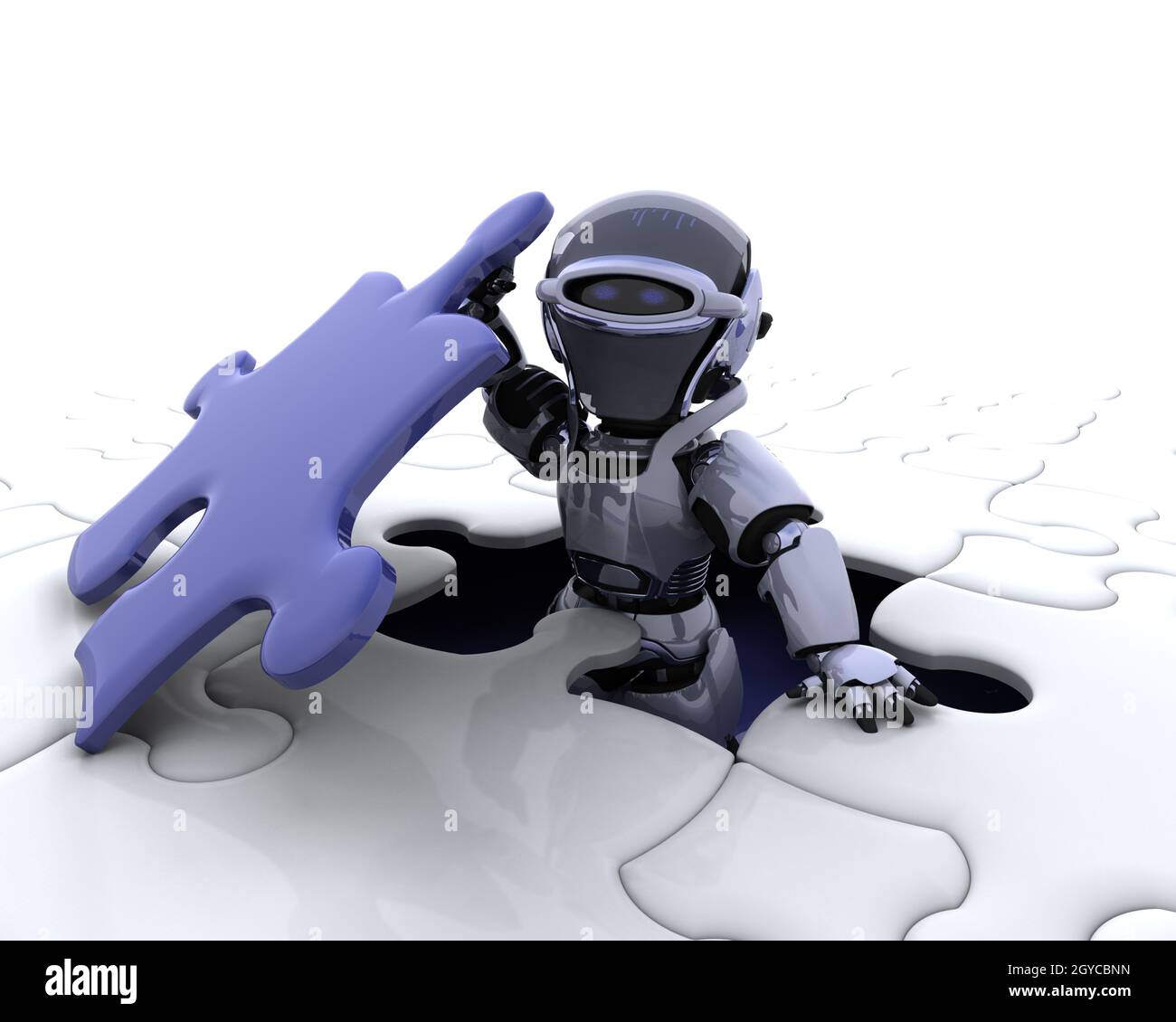 3D render of a robot with the final piece of the jigsaw puzzle Stock ...