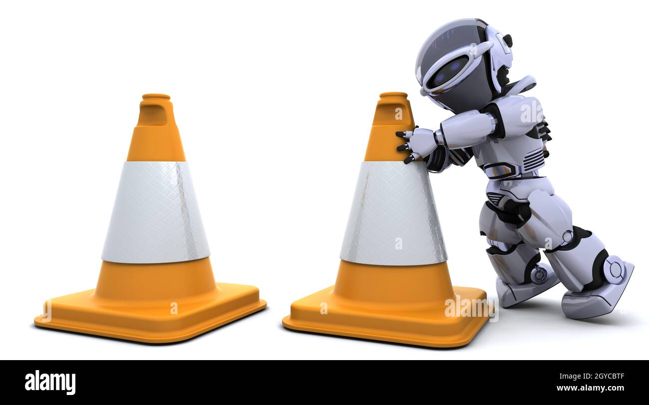 3D render of robot with traffic cones Stock Photo Alamy