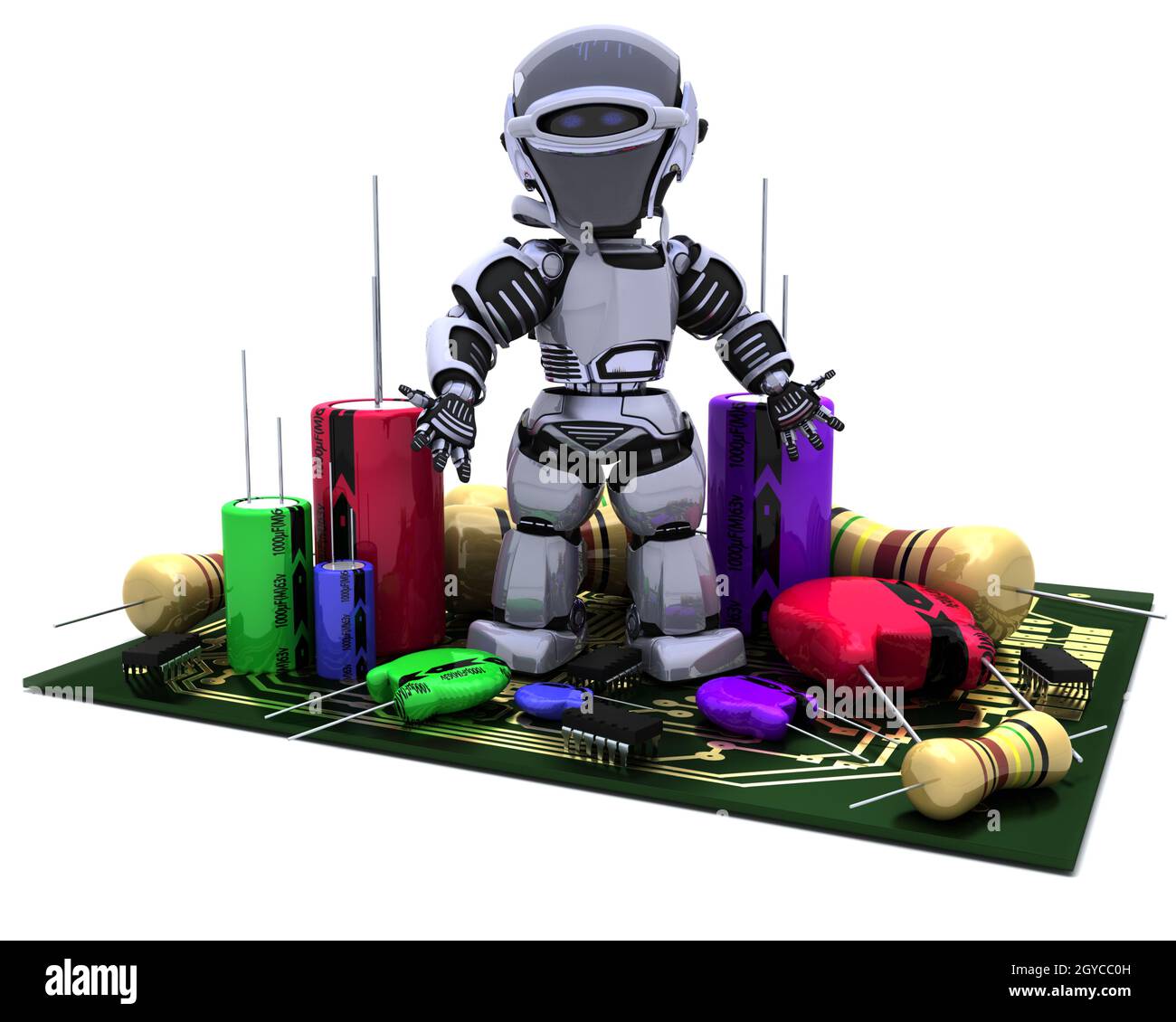 3D Render of a Robot With Capacitors Resistors and semi-conductors ...