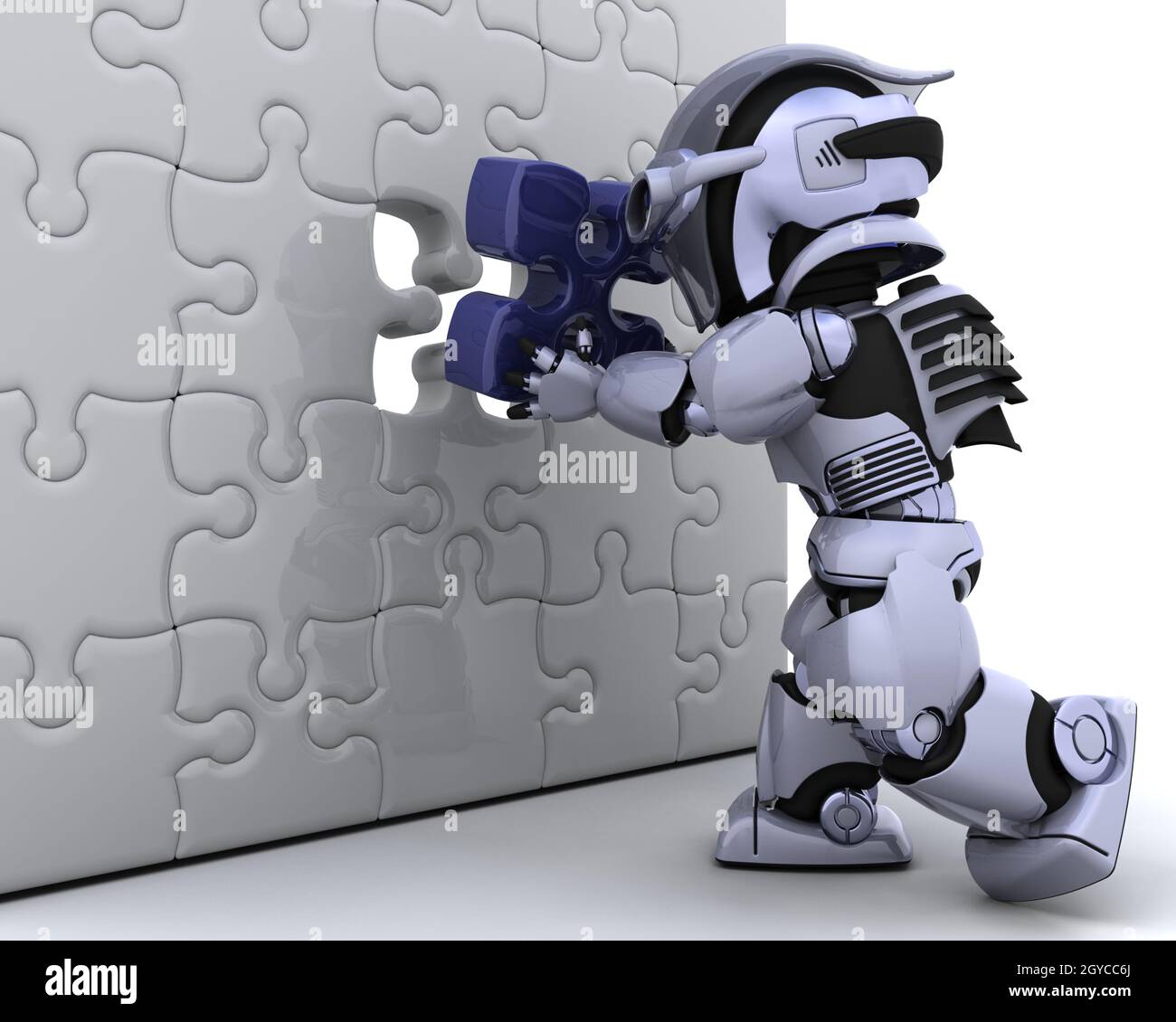 3D render of a robot with the final piece of the jigsaw puzzle Stock ...