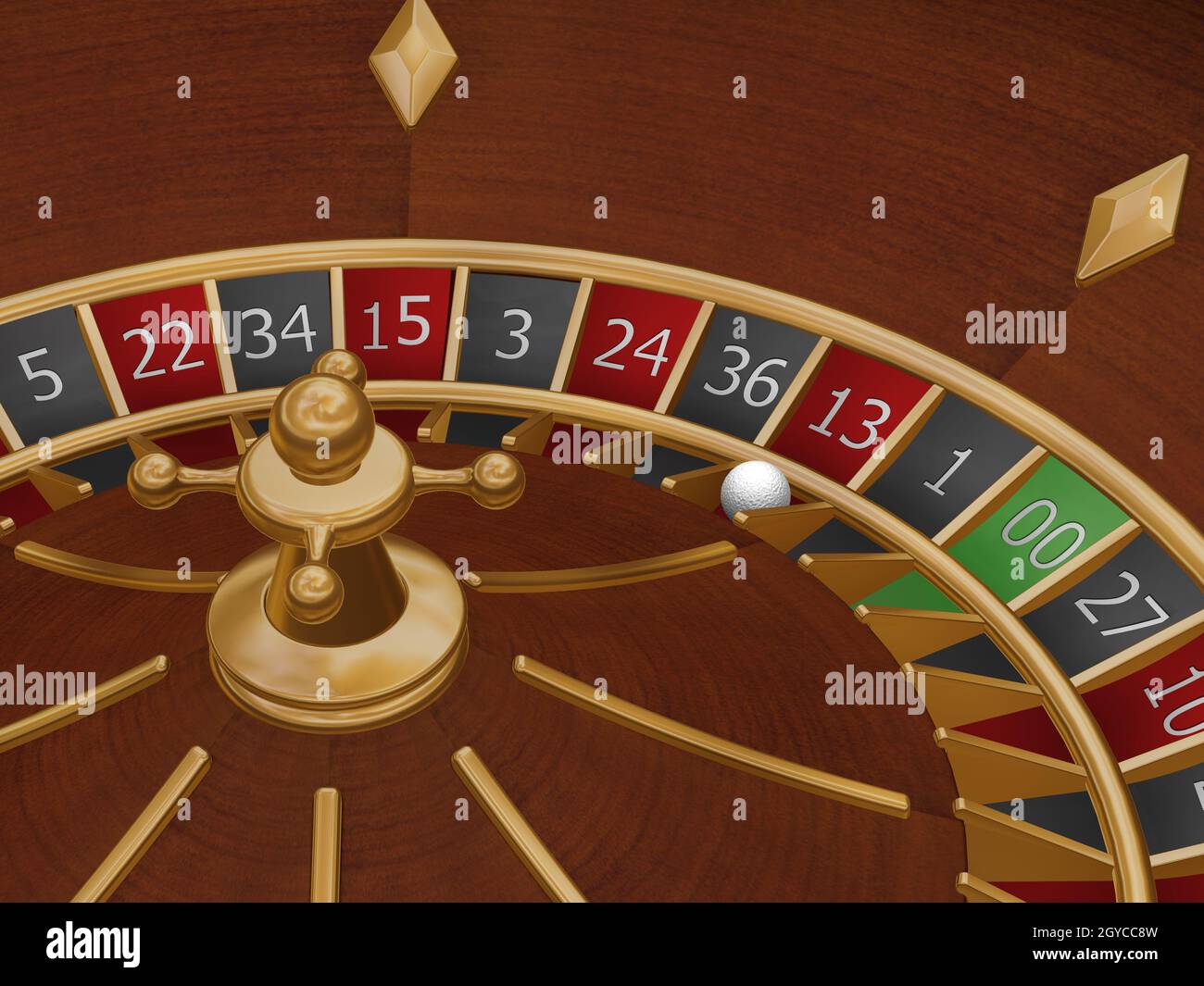 3D render of a roulette wheel with the ball on number thirteen Stock Photo