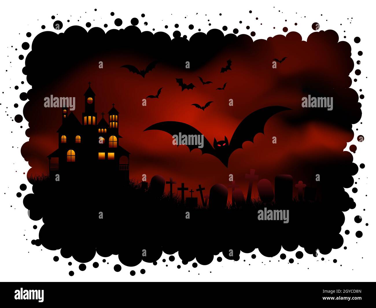 Spooky Halloween background with haunted house and bats Stock Photo - Alamy