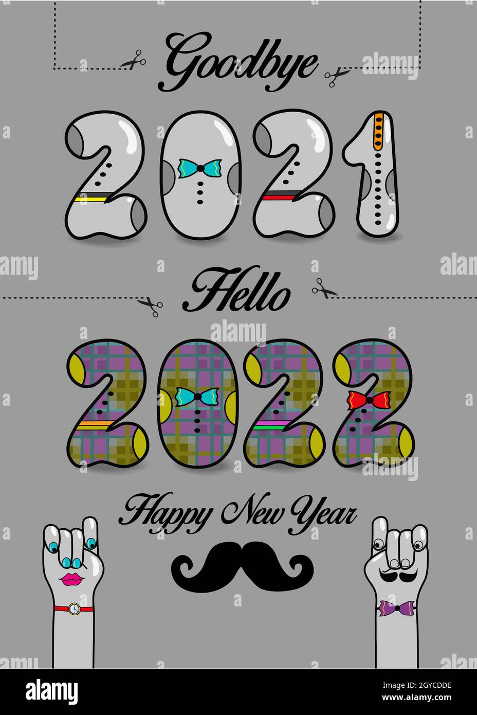 Goodbye 2021. Hello 2022. Happy New Year. Artistic numbers with ties and buttons, black texts and scissors. Cartoon male and female hands looking at e Stock Photo