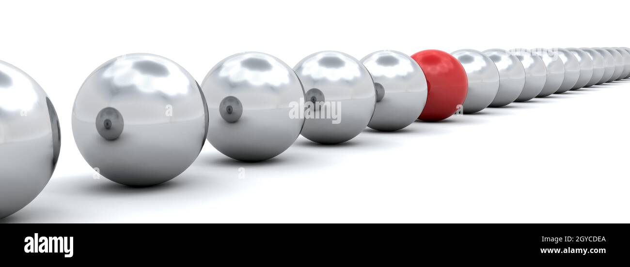 3D render of one red ball amongst lots of silver balls Stock Photo - Alamy
