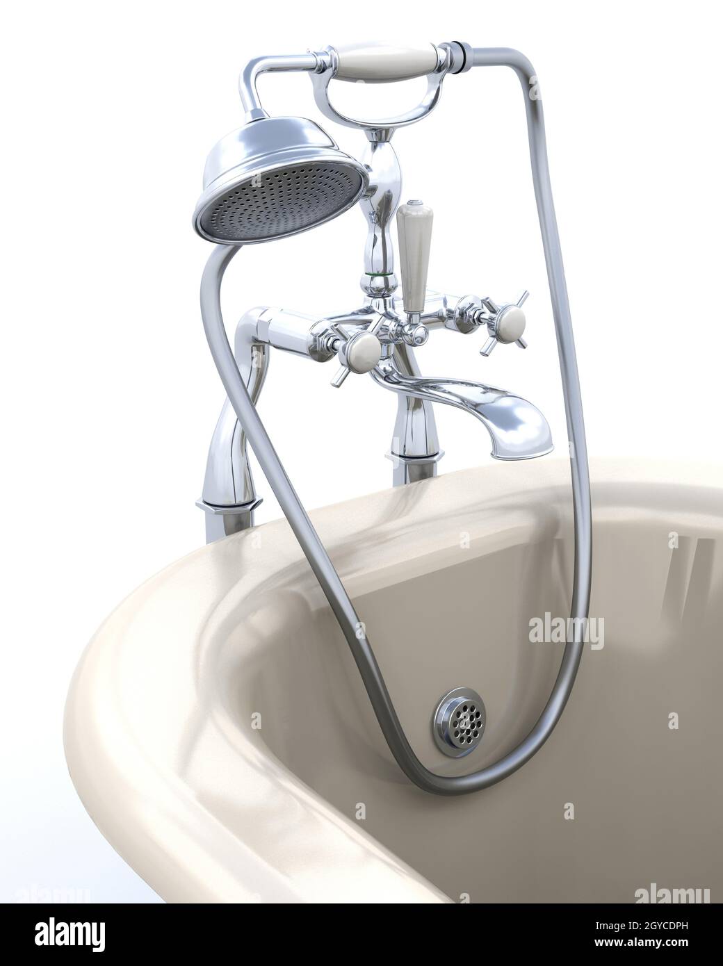 3d render of classic roll top bath and taps with shower attatchment in ...