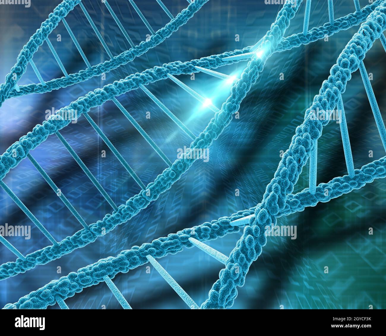 3D medical background with DNA strands and binary code Stock Photo