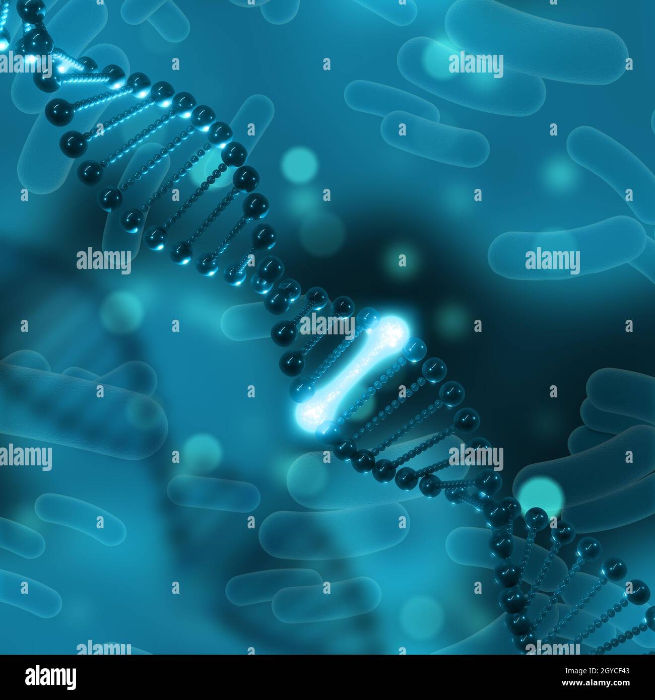 3D medical background with DNA and one glowing strand Stock Photo