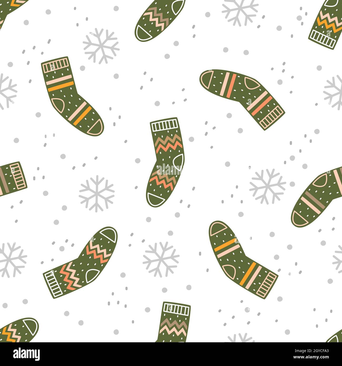 Green socks and snowflakes on a black background. Vector seamless pattern Stock Vector