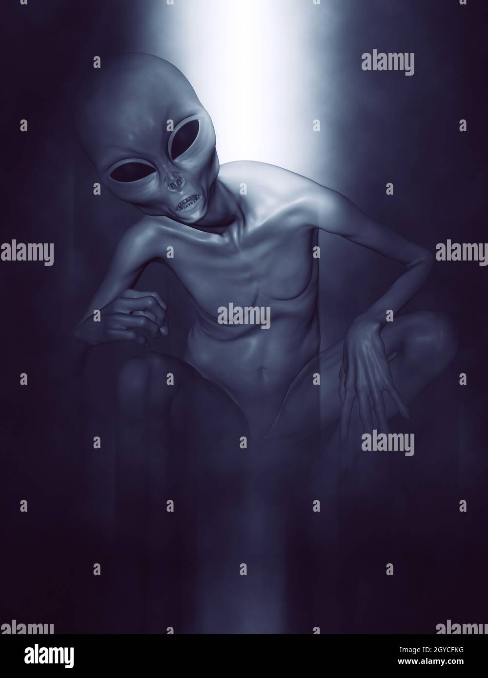 3D render of a grey alien in a crouching position in atmospheric ...