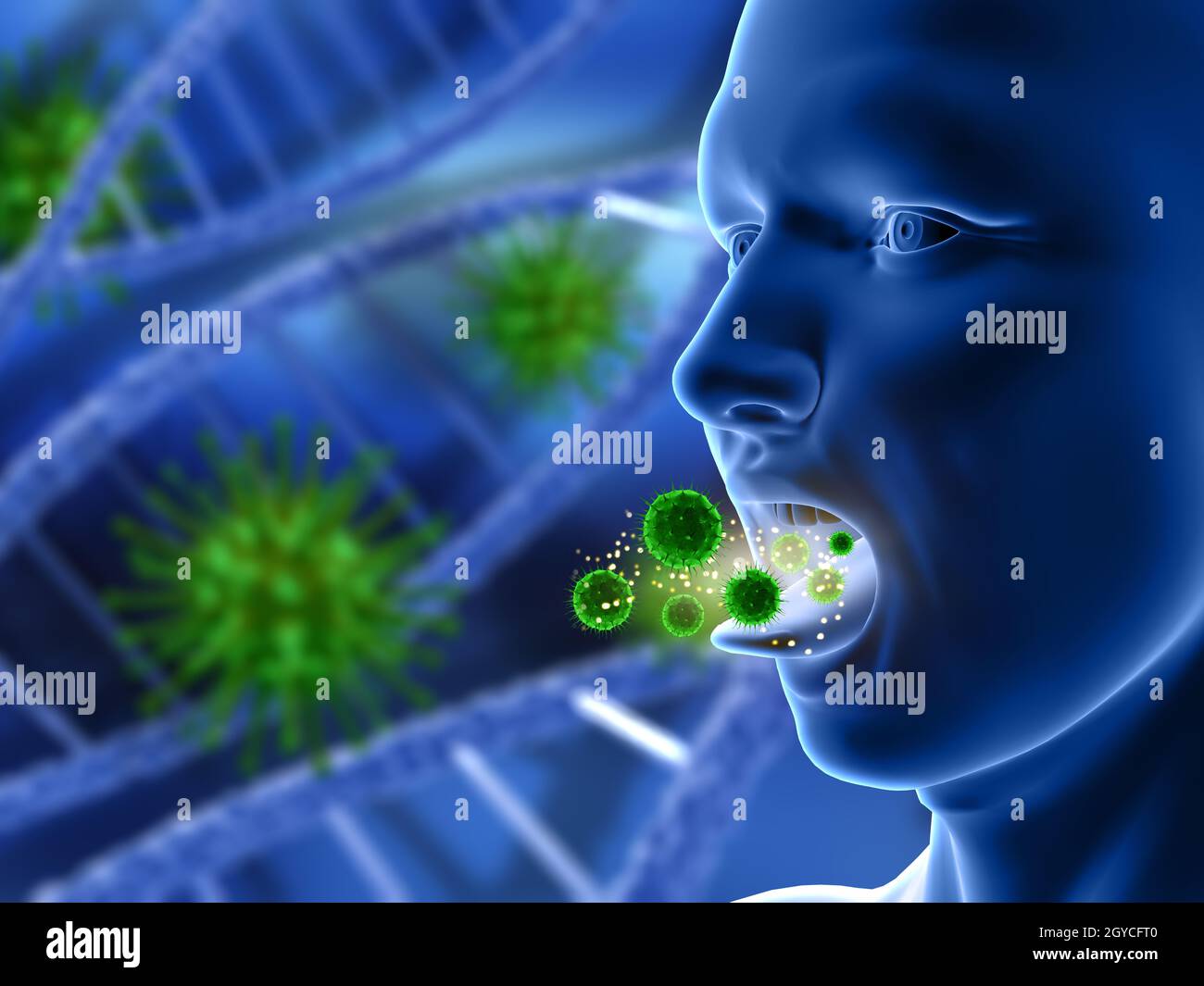 3D render of a male figure with mouth open with virus cells Stock Photo ...