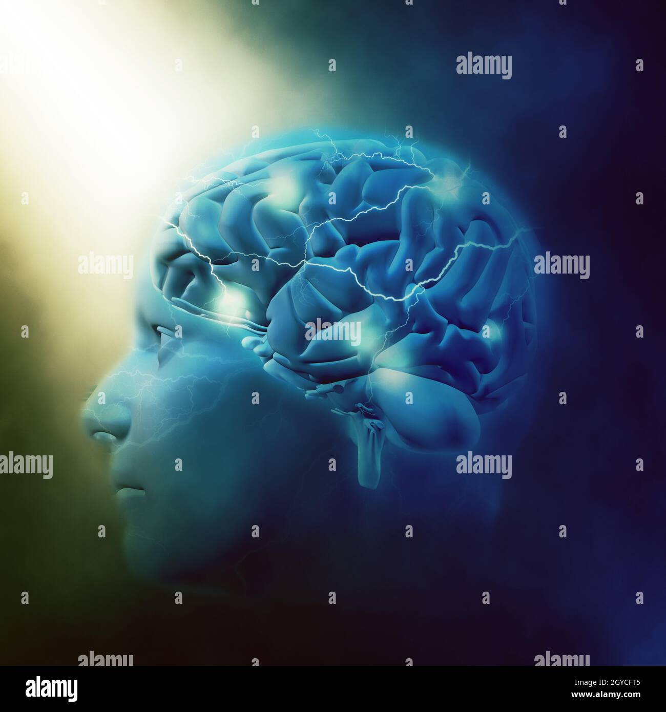 3D render of a male head with brain and lightening effect Stock Photo ...