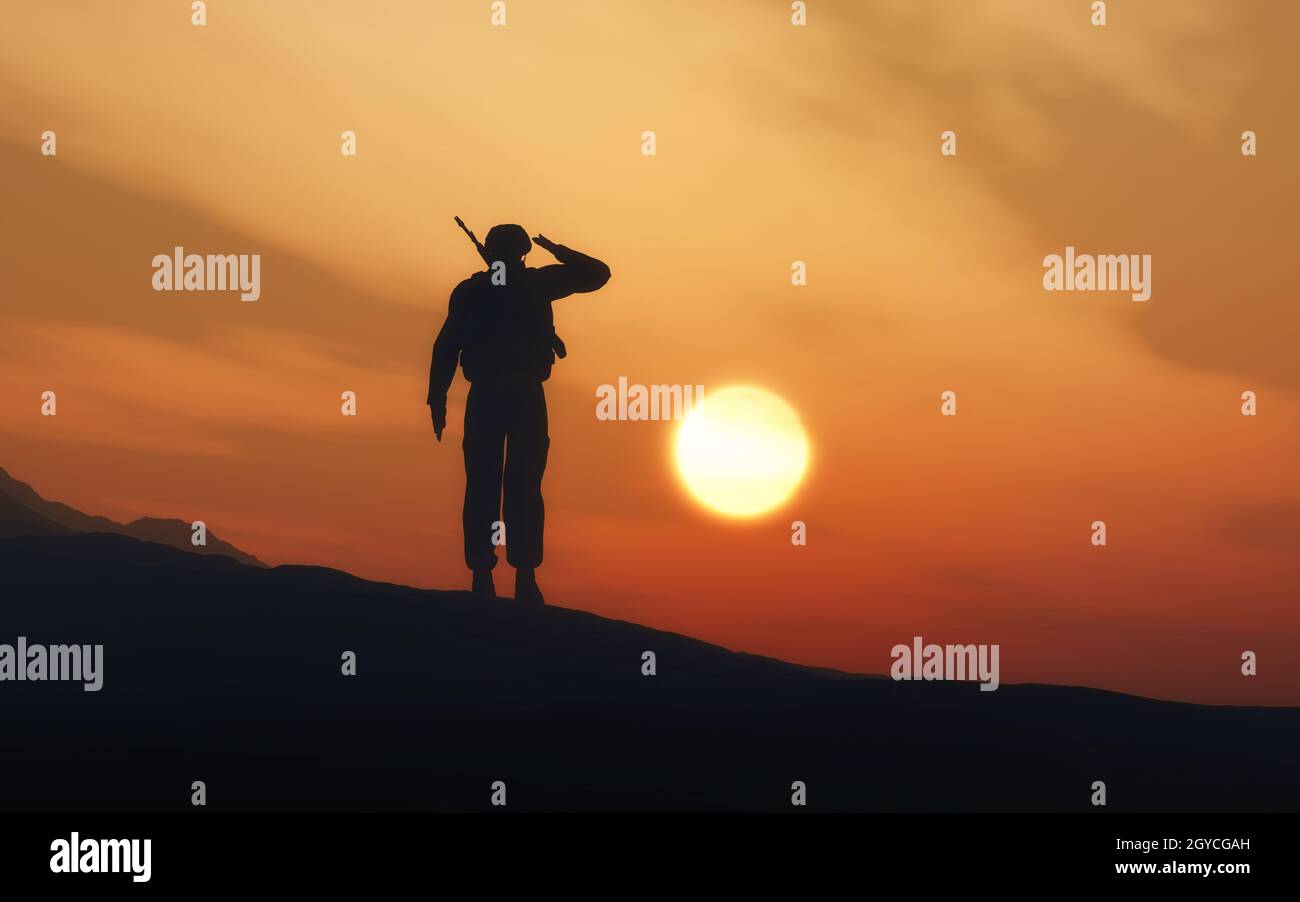3D render of a silhouette of a soldier saluting against a sunset sky ...