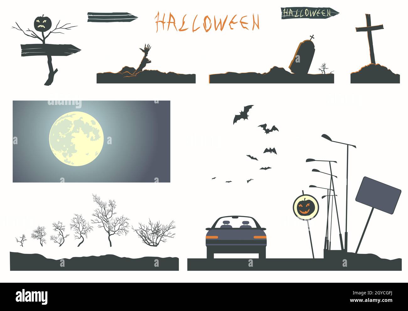 Set of Halloween paraphernalia with halloween, moon, grave, zombie, pumpkin, bat. Stock Vector