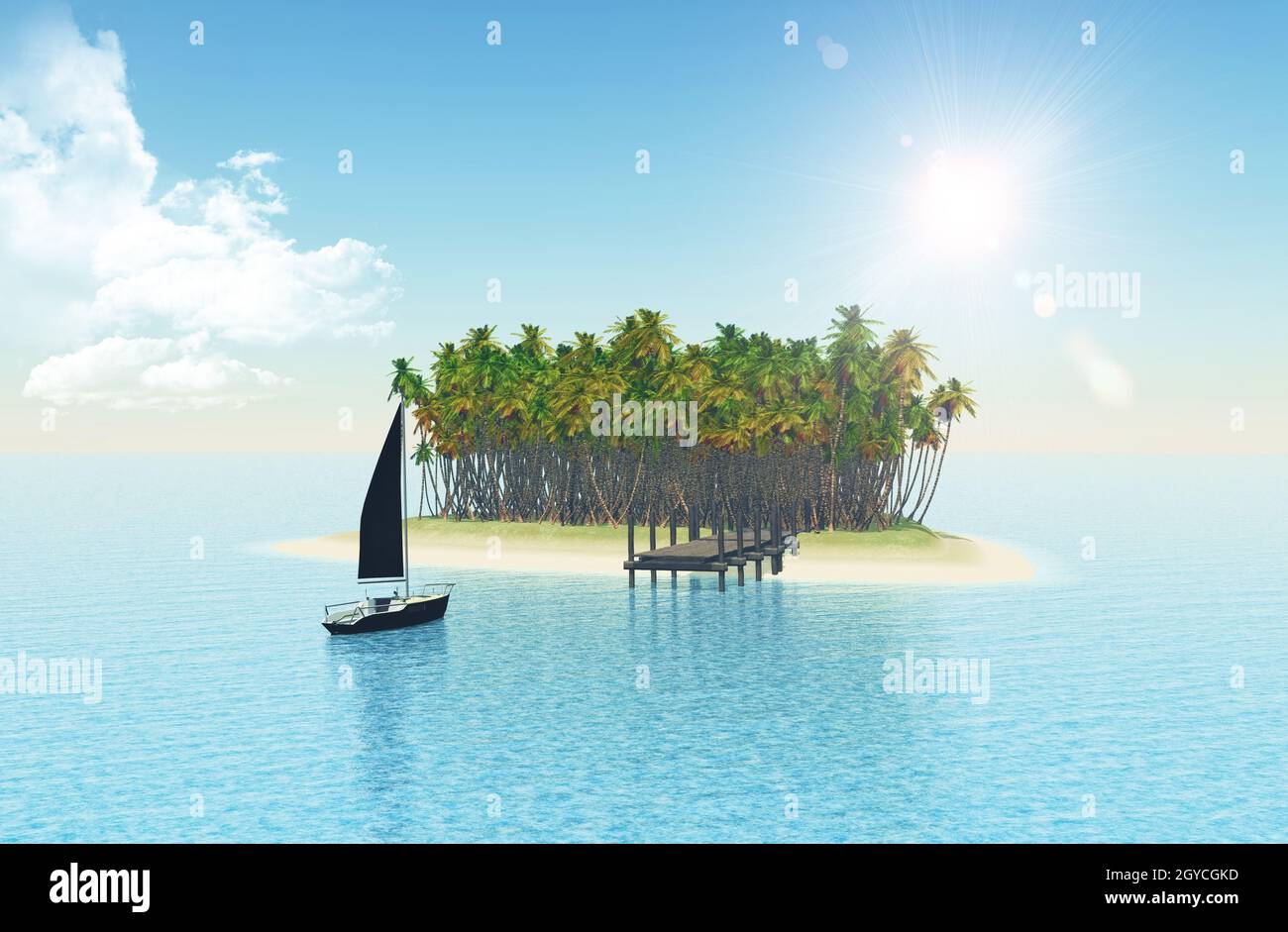 3D render of a yacht sailing to a tropical island with jetty Stock ...