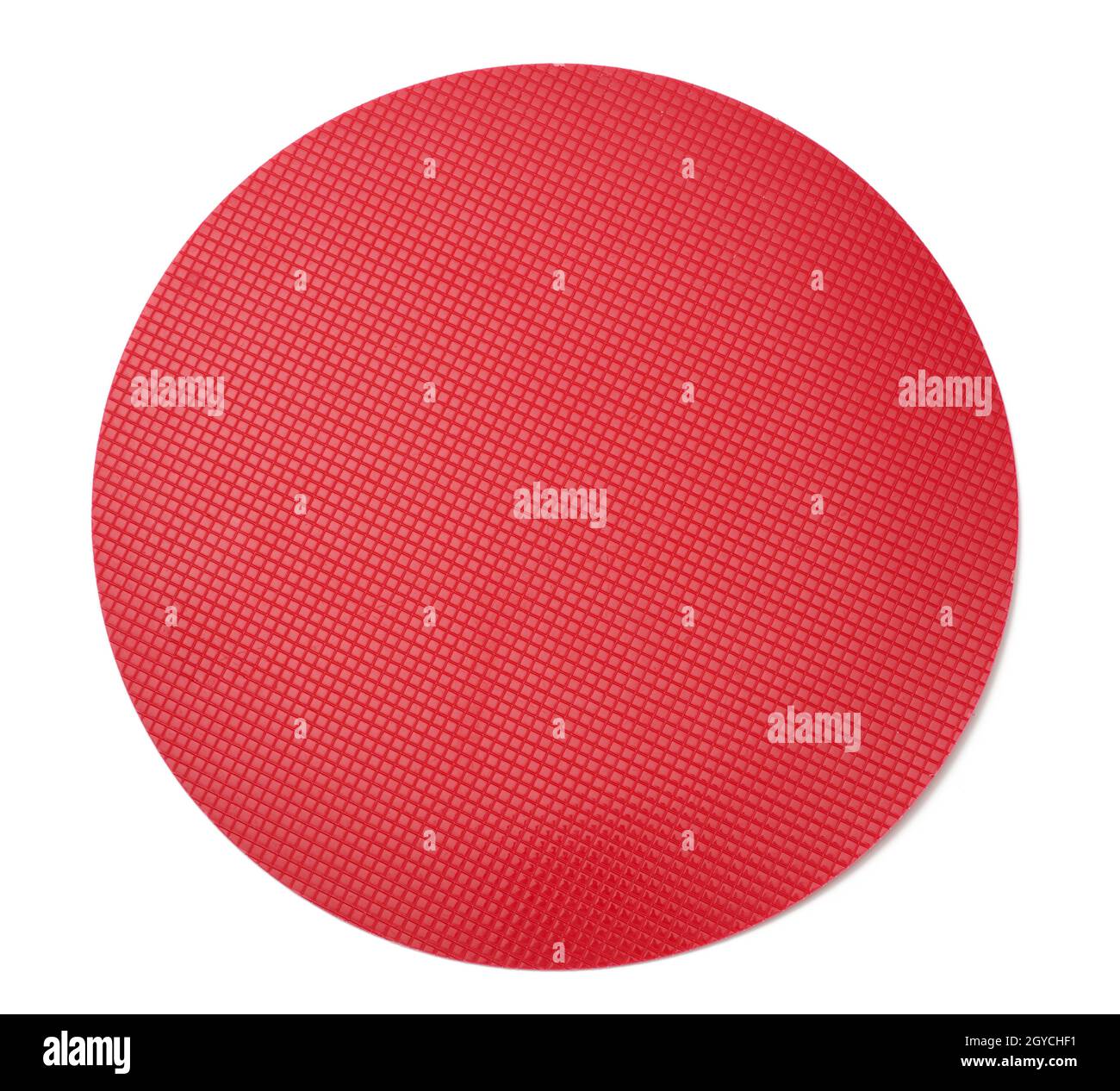 empty red plastic textured cake plate on white isolated background, top view Stock Photo