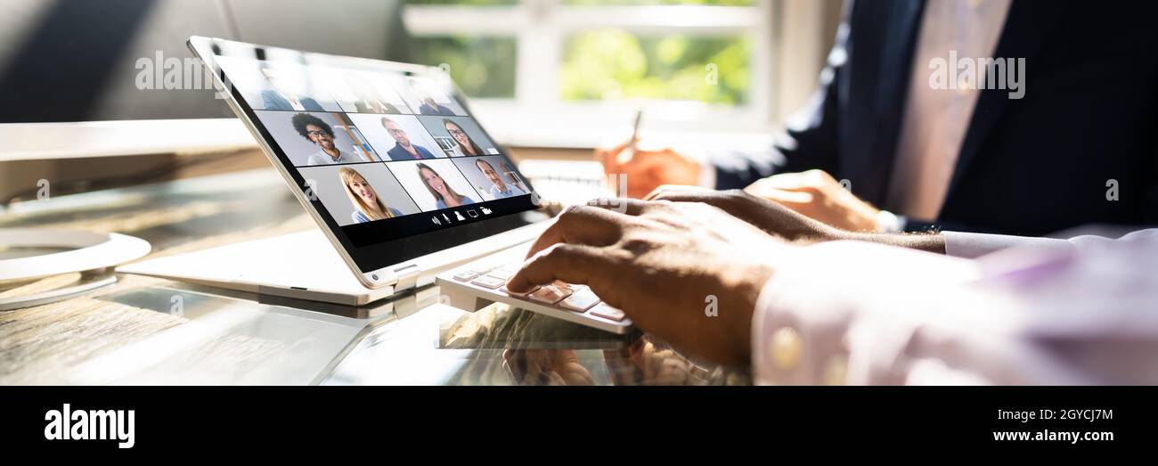 Webinar Meeting In Office Learning On Hybrid Tablet Stock Photo