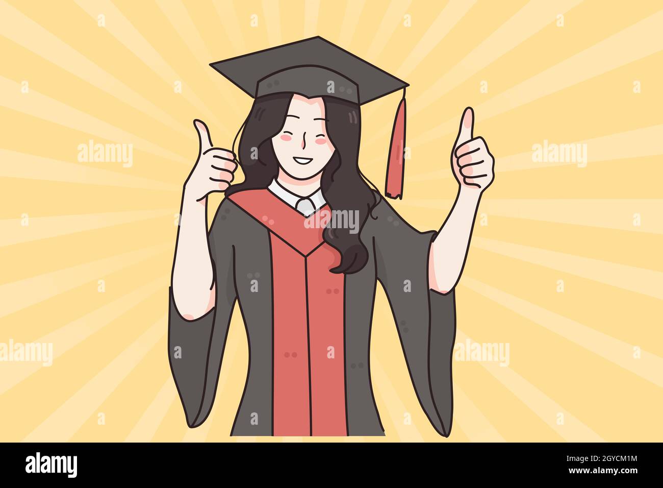 Successful education, graduation from university concept. Young smiling happy girl in traditional bonet and mantle standing showing thumbs up sign fee Stock Photo
