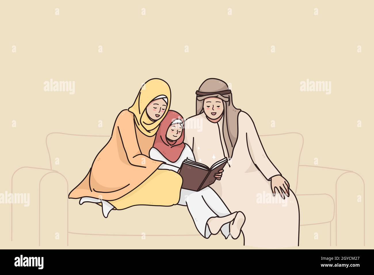 Traditional muslim family lifestyle concept. Muslim parents with child cartoon characters sitting on sofa reading Quran and praying together before if Stock Photo