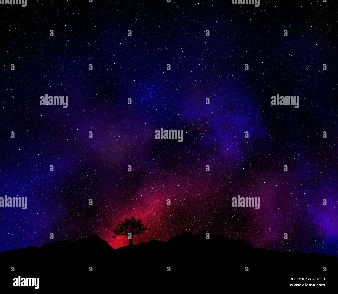 Tree silhouetted against a night sky with nebula Stock Photo - Alamy