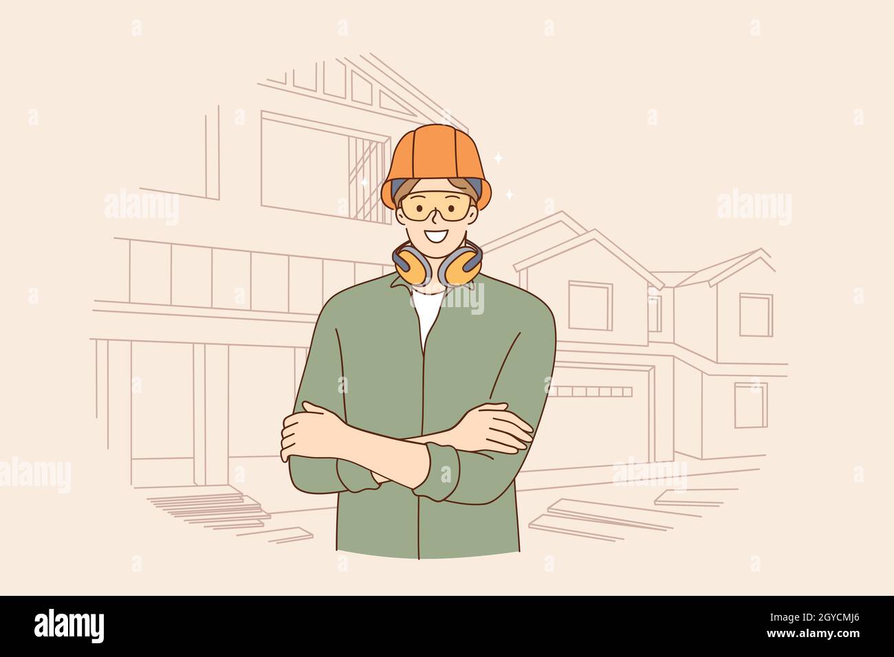 Male engineers during work concept. Young smiling positive businessman construction site engineer cartoon character in helmet and work uniform standin Stock Photo