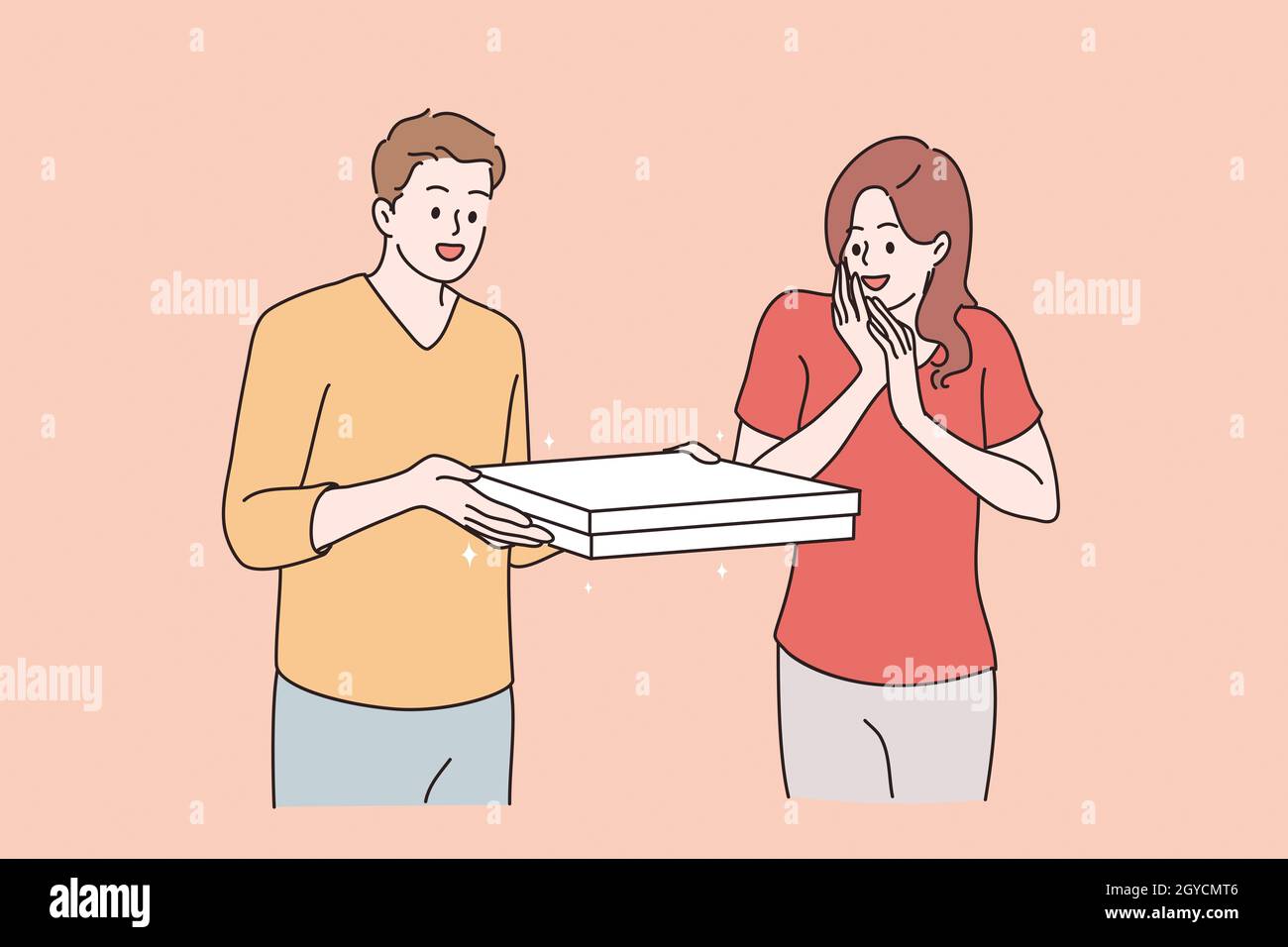 Pizza order delivery concept. Young smiling positive man and woman