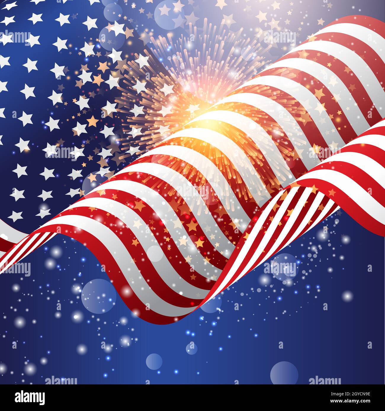 4th July celebration background with American flag with fireworks Stock Photo