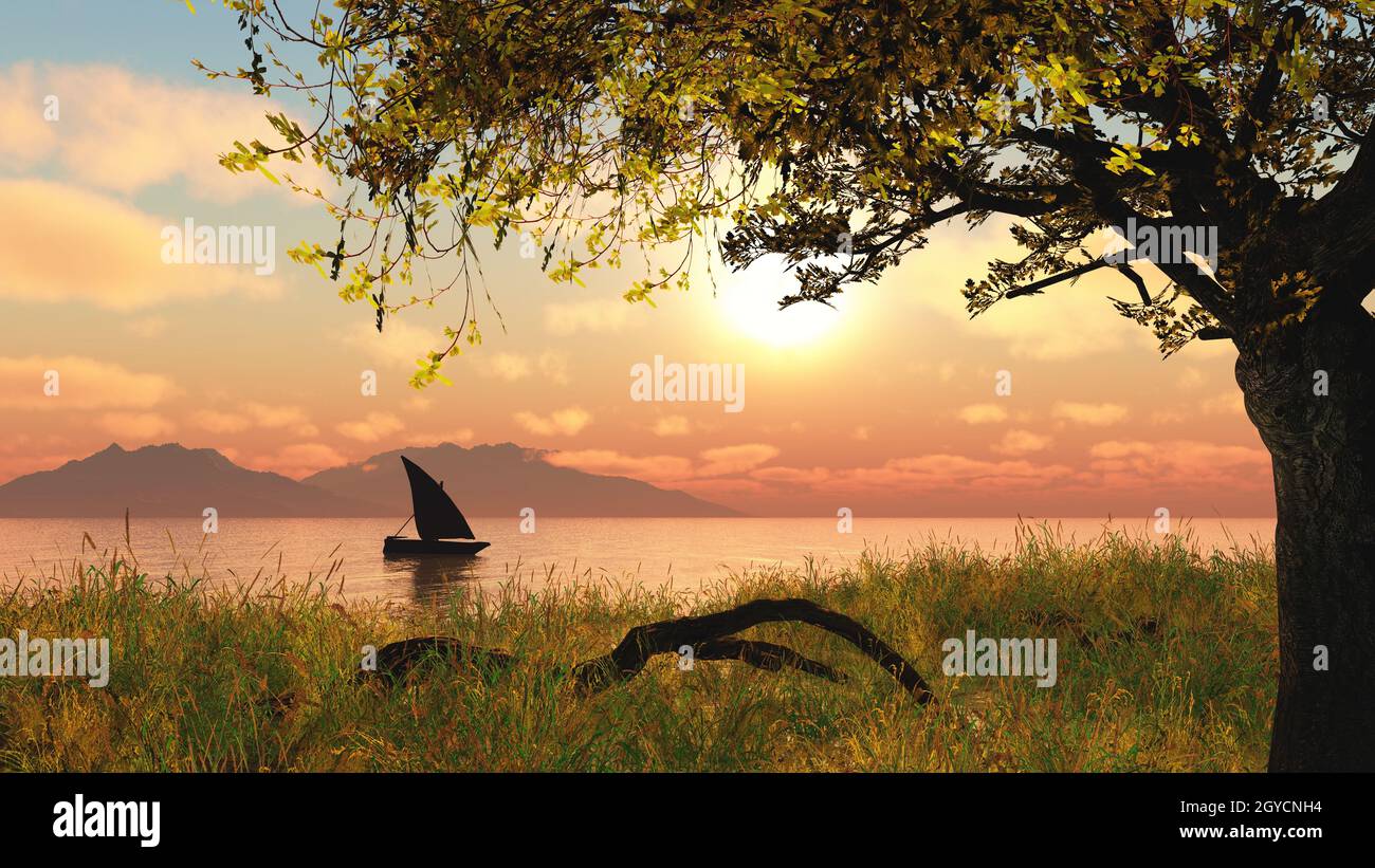 3D landscape with a boat on a river against a sunset sky Stock Photo ...