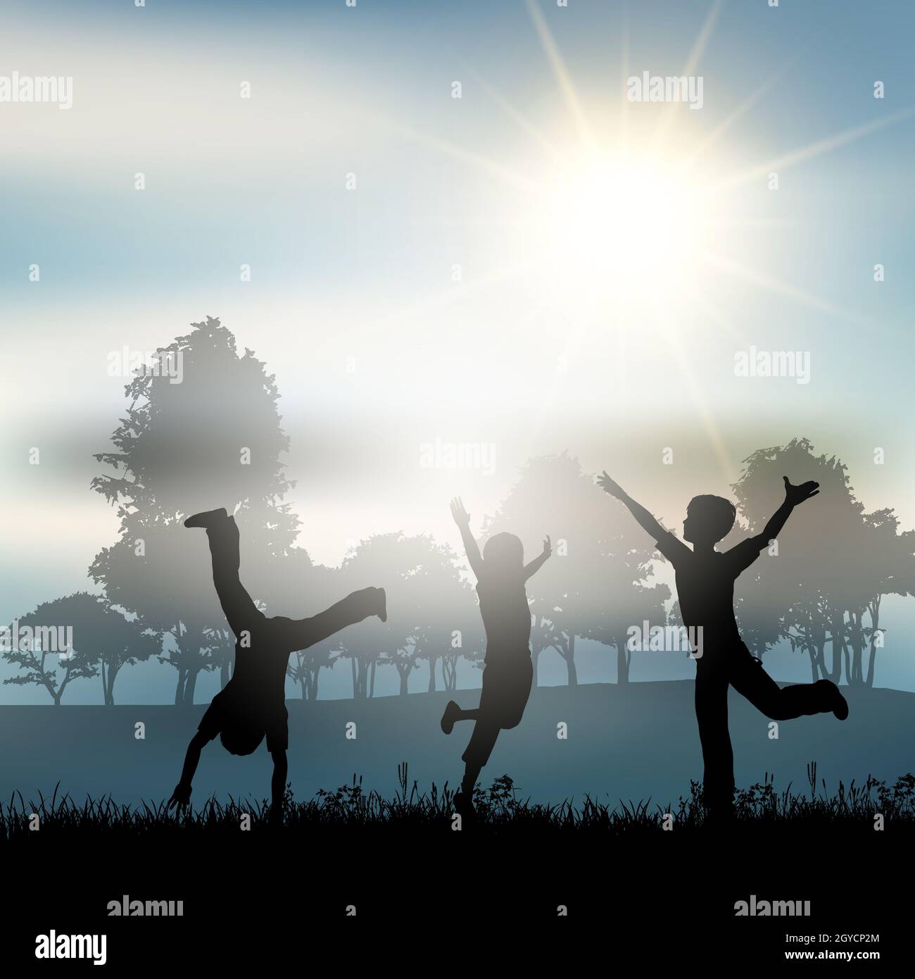 Silhouettes of children playing in the countryside Stock Photo - Alamy