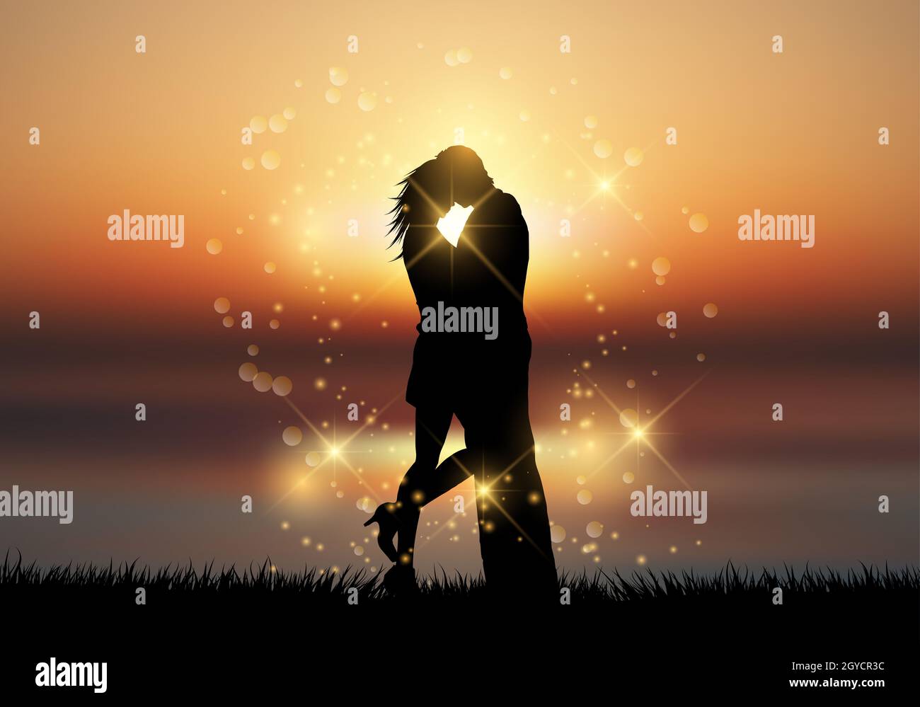 Silhouette of a couple kissing against a sunset sky Stock Photo - Alamy